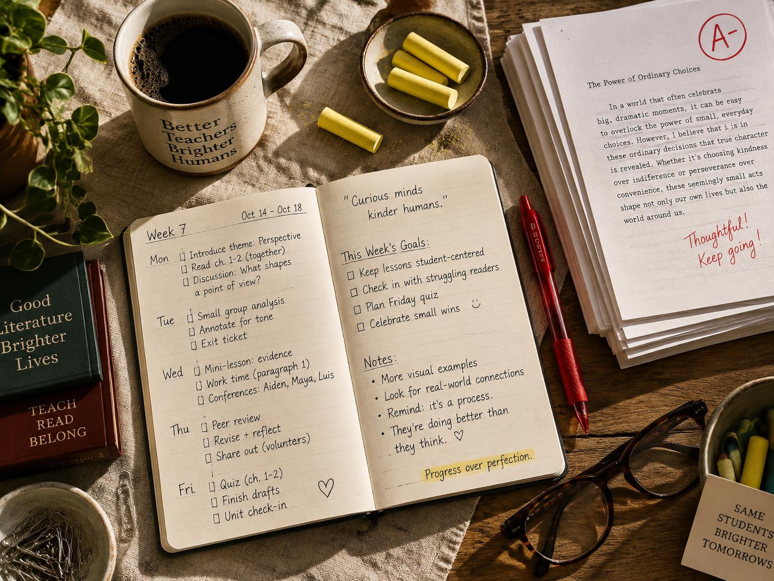 A teacher's desk with an open lesson planner, red pen, and chalk